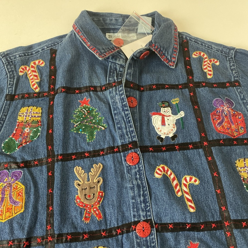 Dressbarn Womens M Christmas Theme Button up Shirt Trim Denim Top NWT! cotton - Picture 5 of 14